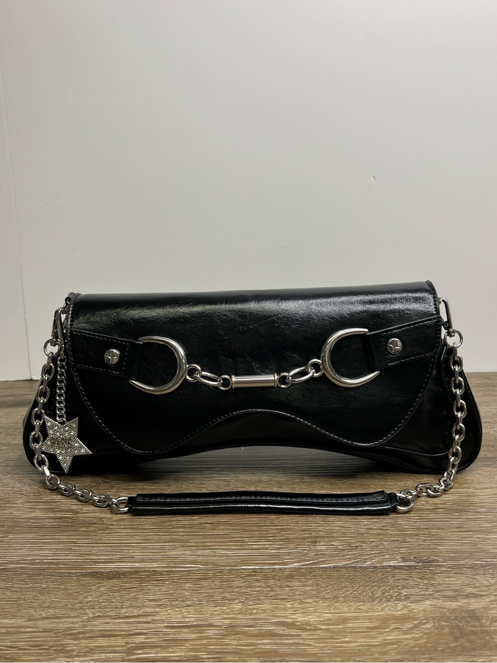 Paris Hilton Black Faux Leather Horsebit Shoulder Bag Y2K Silver Hardware